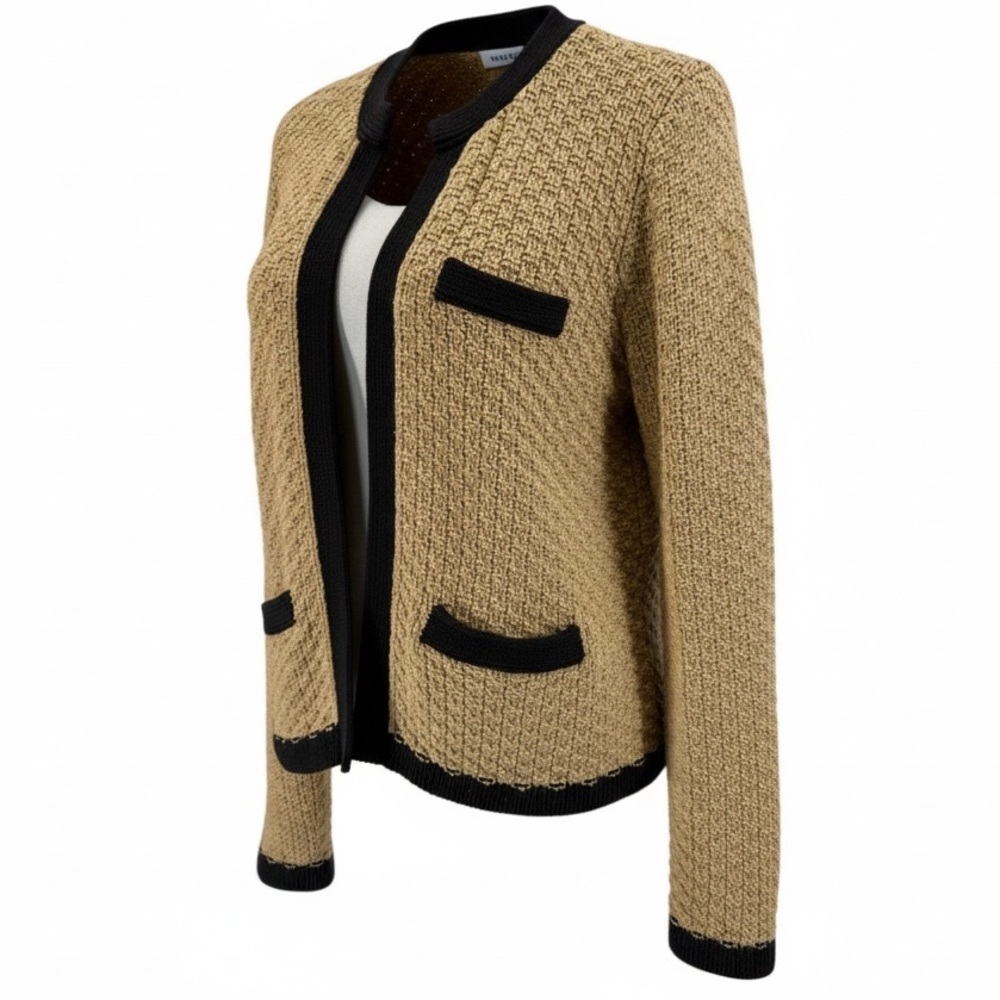 Preswick & Moore Camel Black Trim Cardigan Women’s M Cotton Knit Fall Parisian